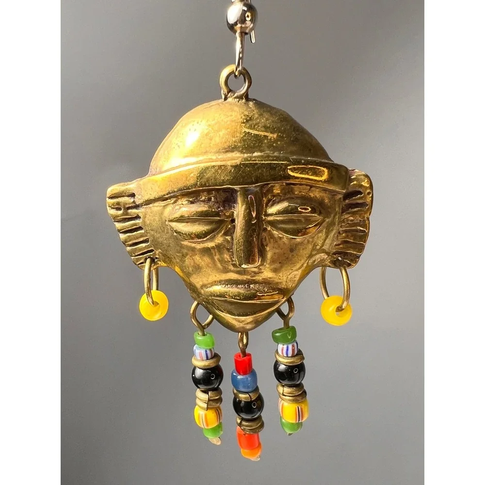 Hand Cast African Tribal Brass Mask Beaded Multicolor Dangle Earrings